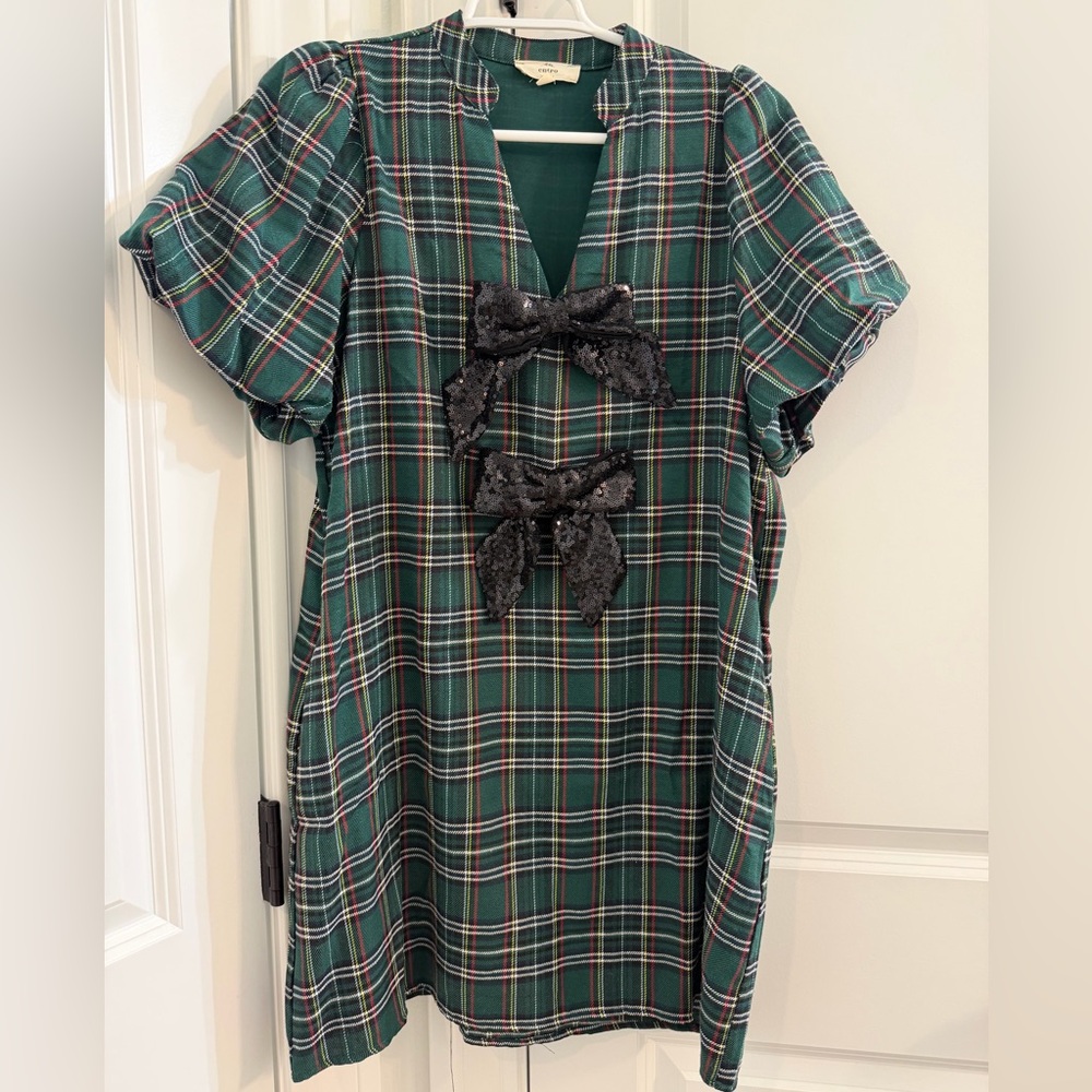 Entro Green Plaid Dress with Black Sequin Bows